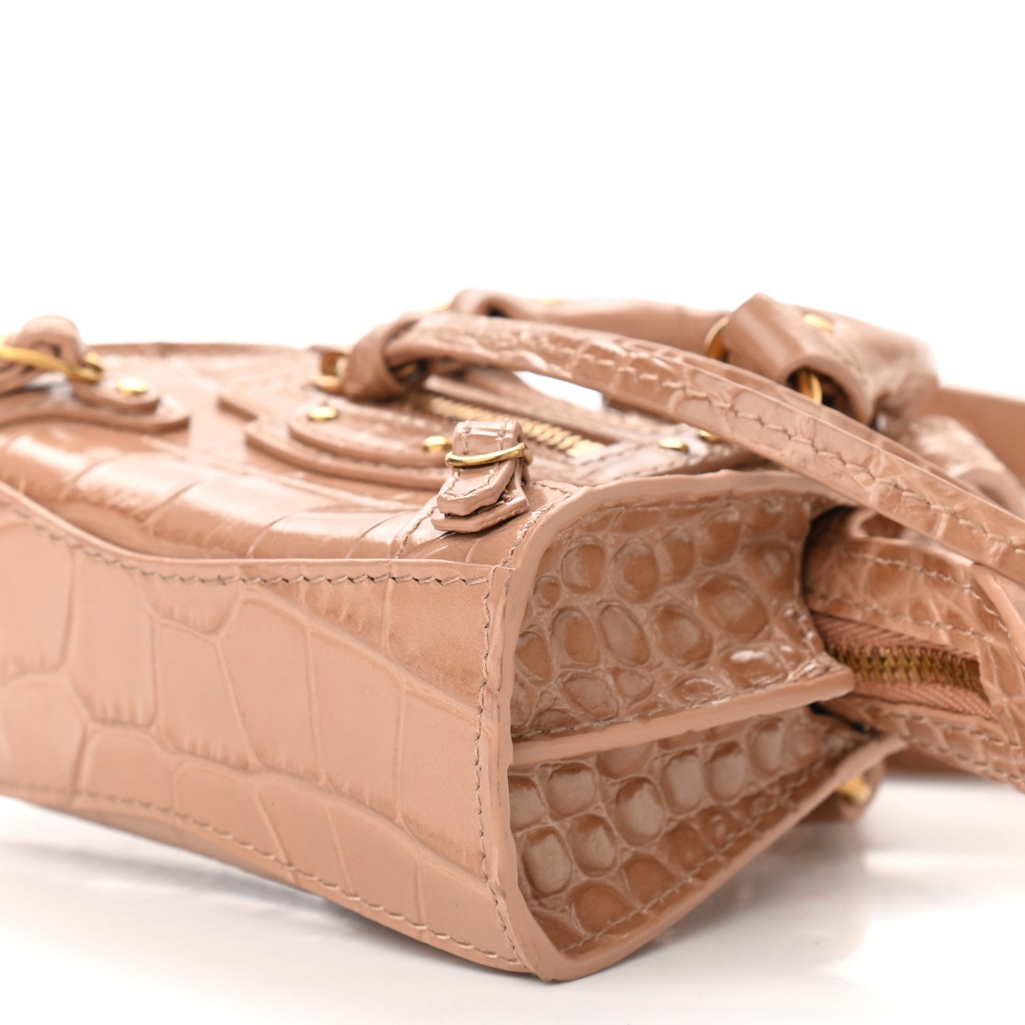 Shiny Supple Calfskin Crocodile Embossed Neo Classic Gold Hardware Super Nano City Crossbody Nude Beige