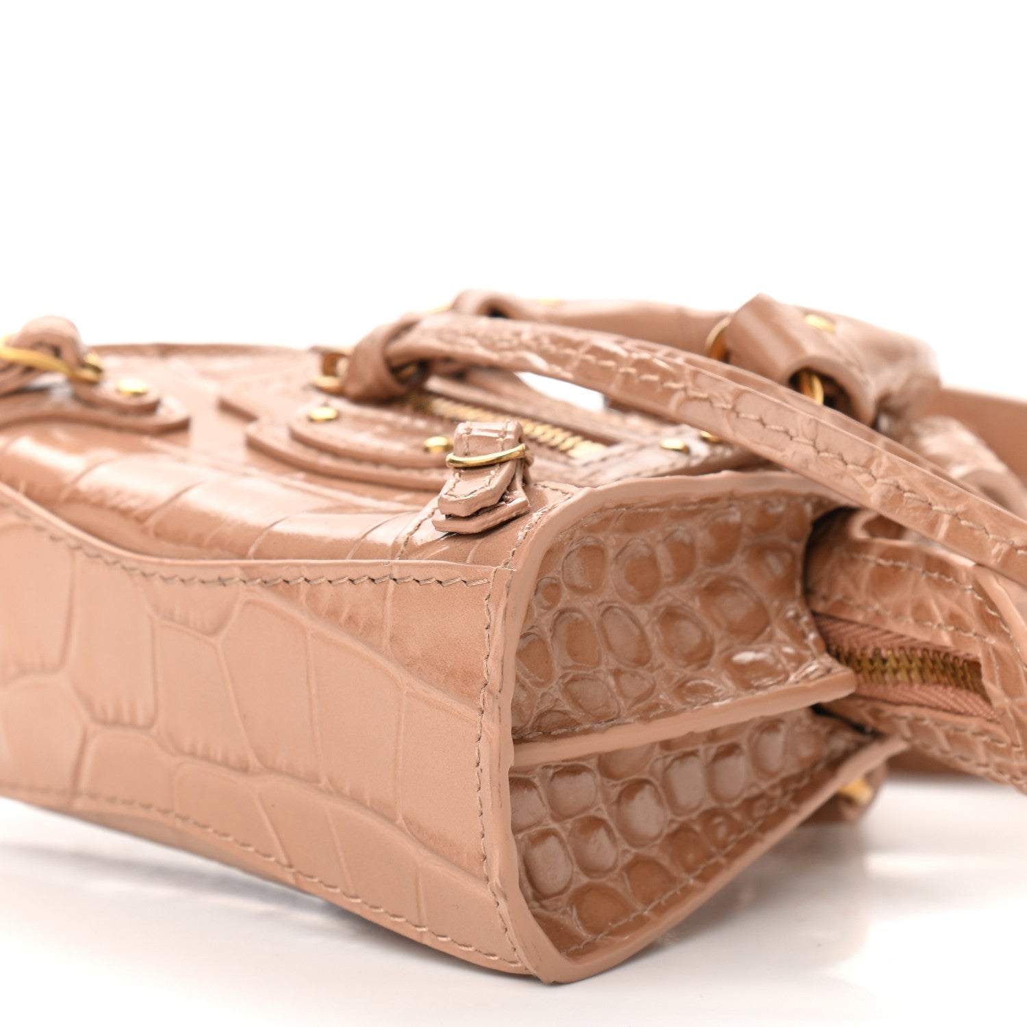 Balenciaga Shiny Supple Calfskin Crocodile Embossed Neo Classic Gold Hardware Super Nano City Crossbody Nude Beige 8 of 8