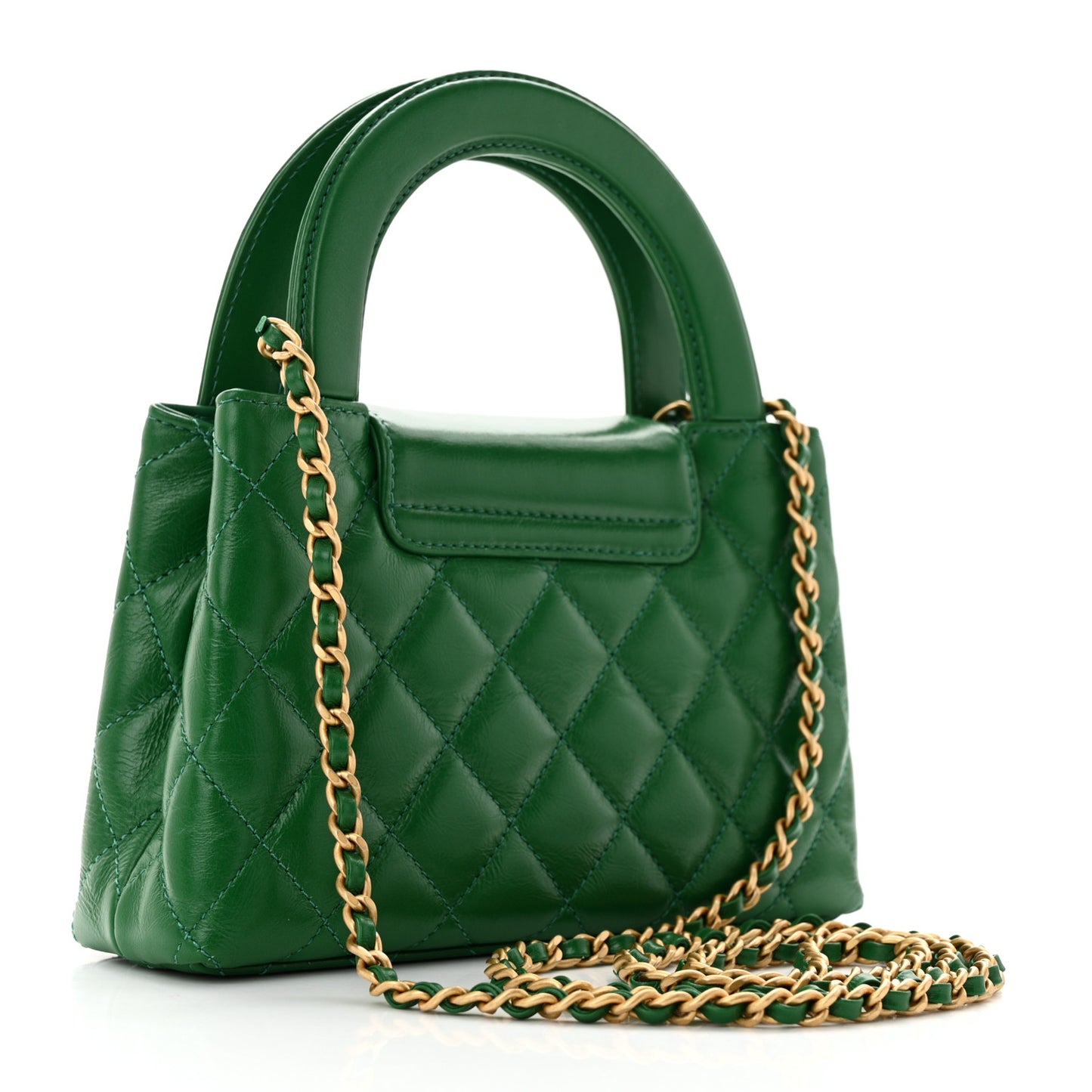 Shiny Aged Calfskin Quilted Nano Kelly Shopper Green
