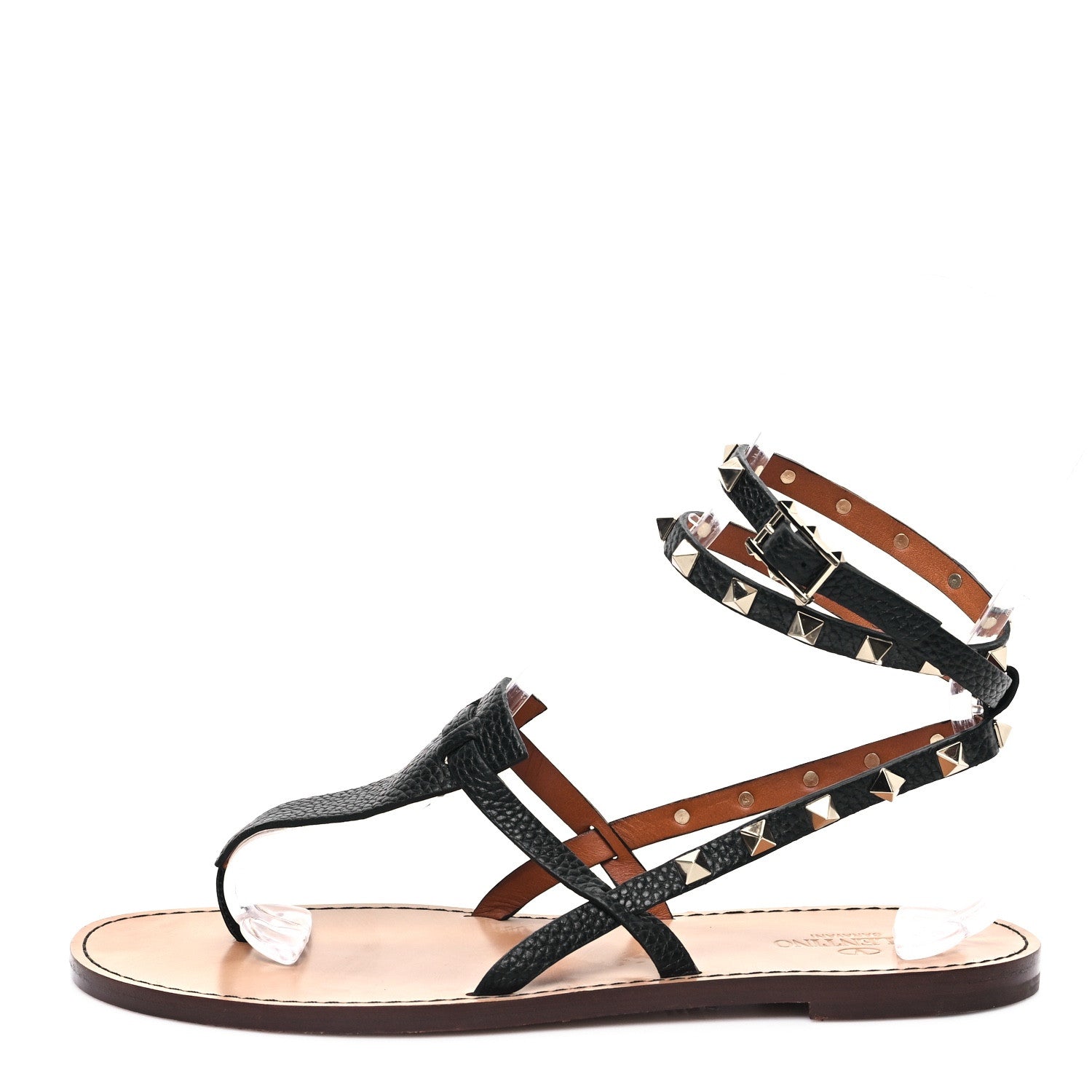 Valentino Garavani Calfskin Rockstud Ankle Wrap Flat Thong Sandals 39.5 Black 1 of 8