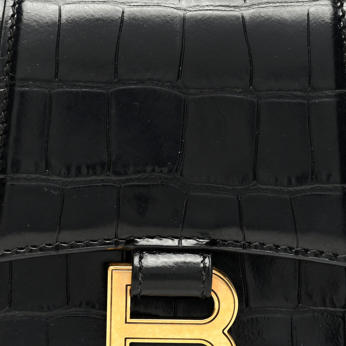 Shiny Calfskin Crocodile Embossed Hourglass Top Handle Bag XS Black