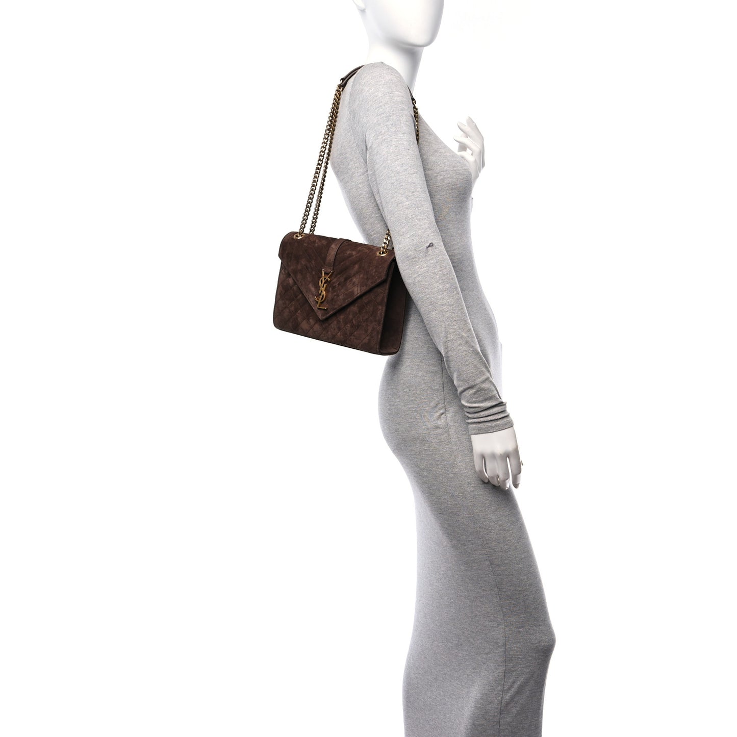 Suede Mixed Matelasse Triquilt Medium Monogram Envelope Satchel Bark Brown