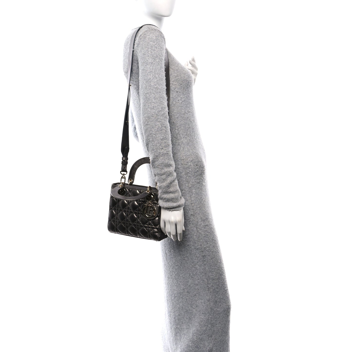 Metallic Grained Calfskin Cannage Small Lady Dior Gunmetal