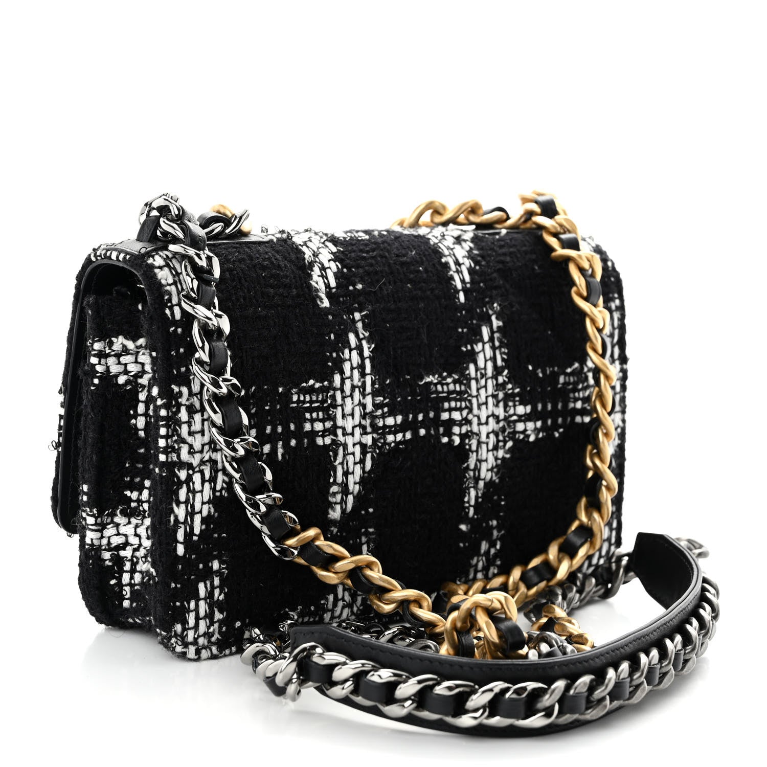 Chanel Tweed Quilted Chanel 19 Wallet On Chain WOC Black White 3 of 12