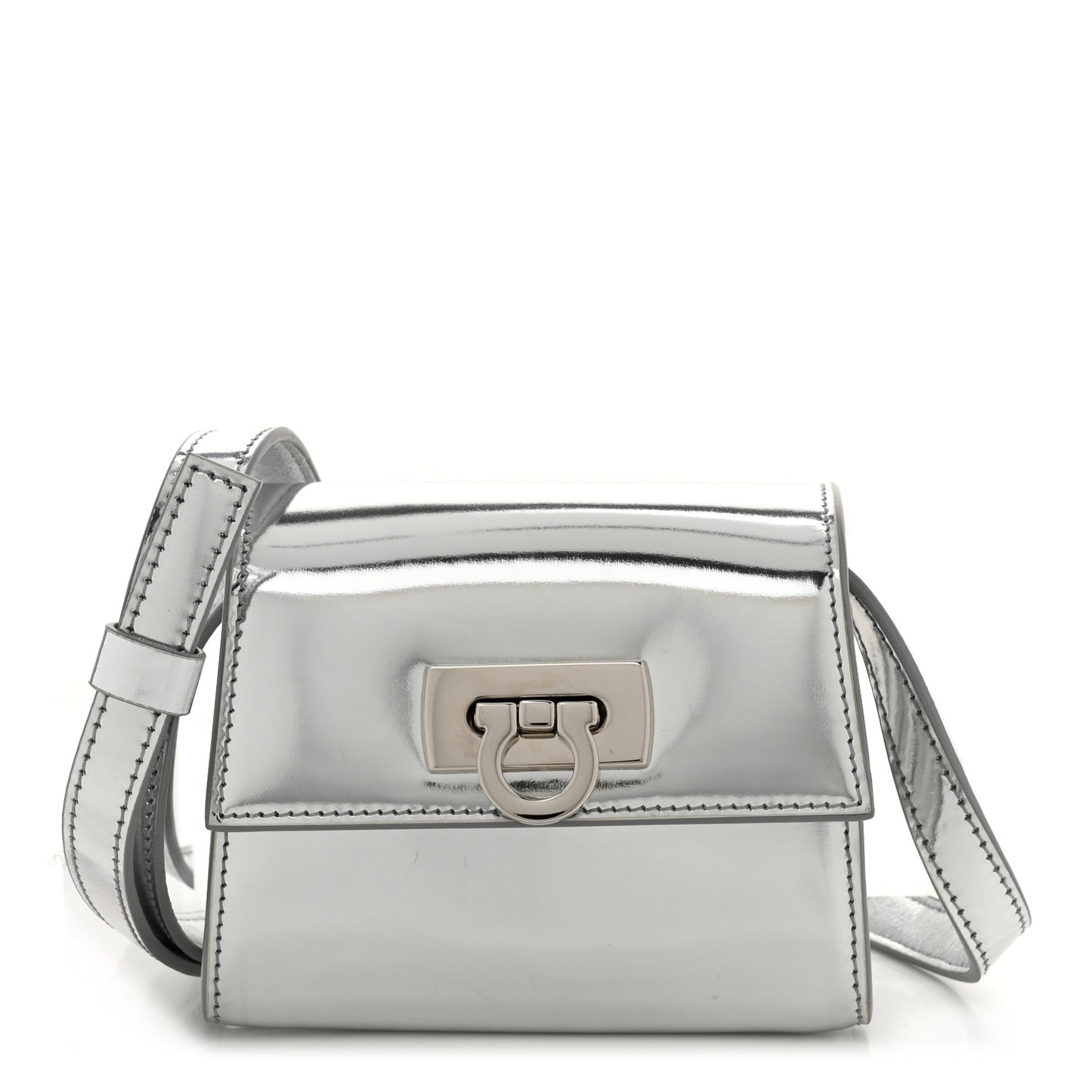 Metallic Calfskin Gancini Credit Card Holder With Strap Argento