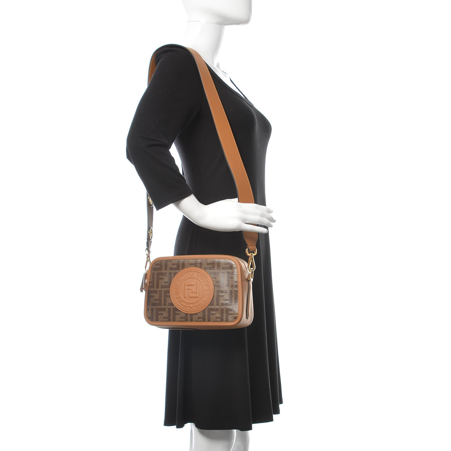 Fendi Glazed Fabric Vitello Century F is Fendi FF 1974 Stamp Patch Camera Case Mogano Panna Caramello 2 of 9