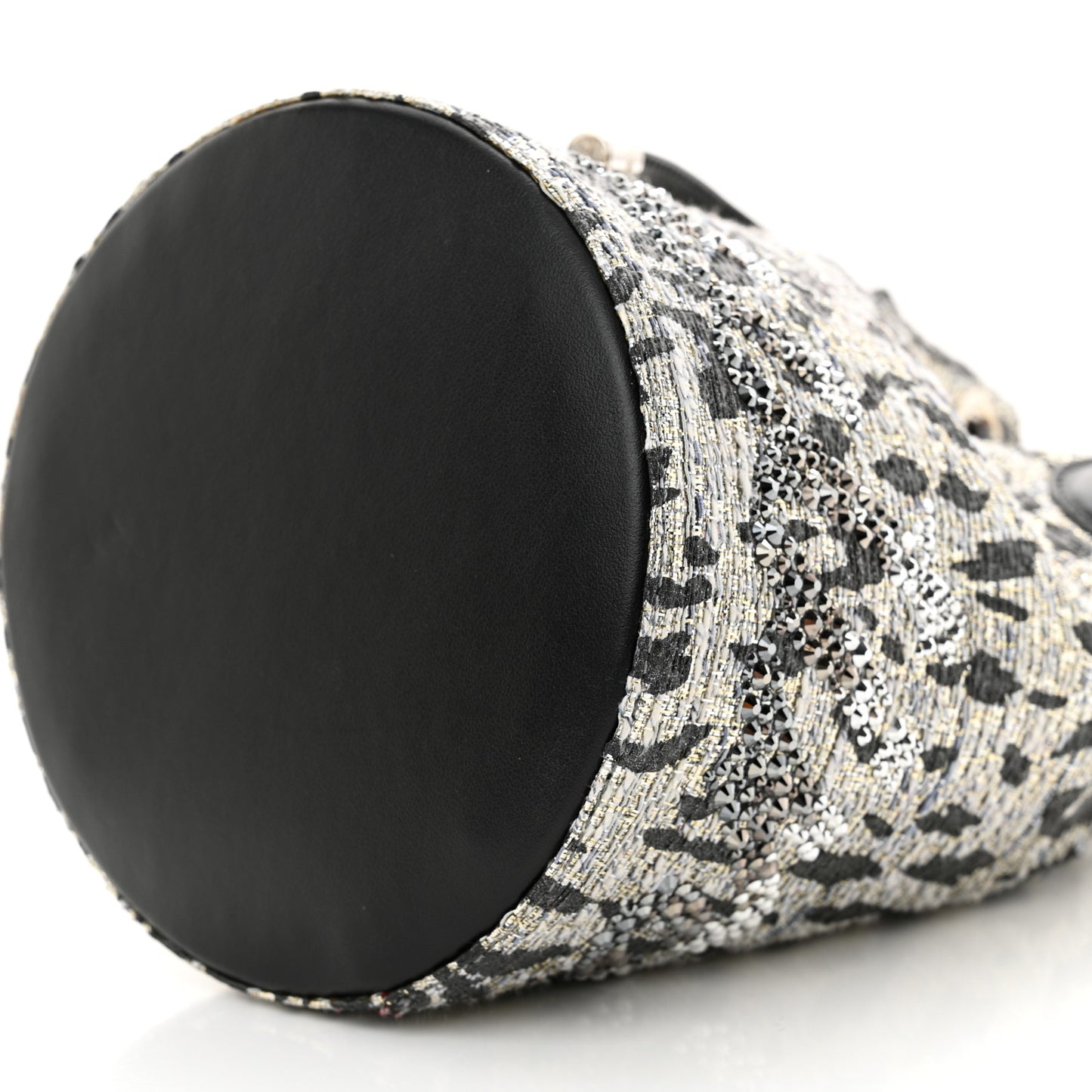 Tweed Crystal Leopard Print Marie Jane Bucket Silver