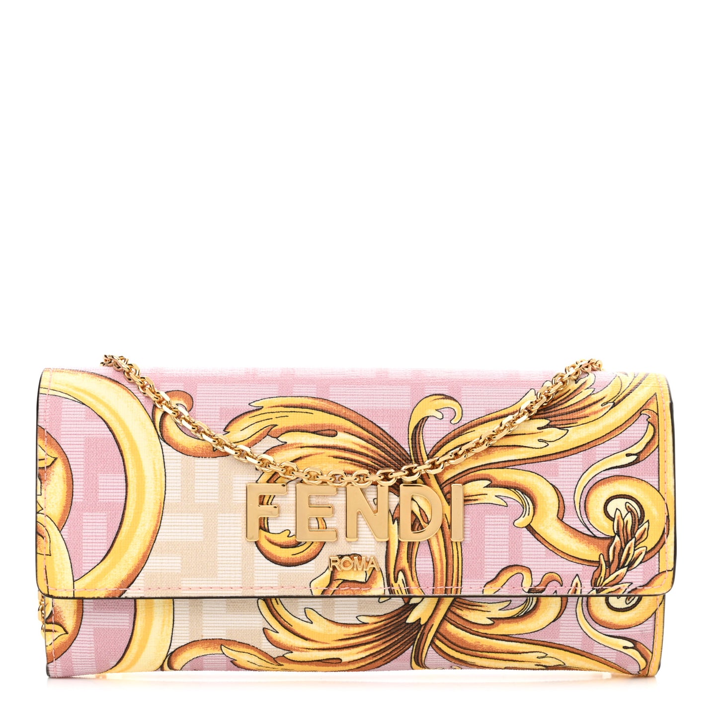 X VERSACE Glazed Fabric Fendace FF Baroque Continental Wallet On Chain Gold White Rosa