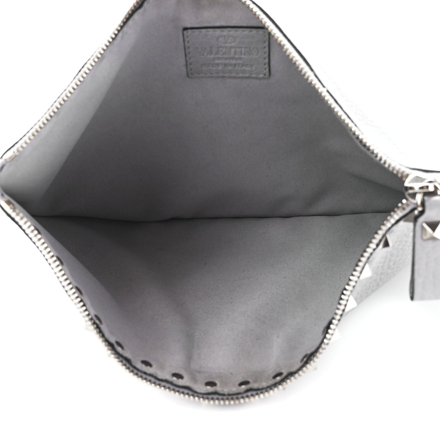 Pebbled Calfskin Large Rockstud Zip Pouch Pastel Grey