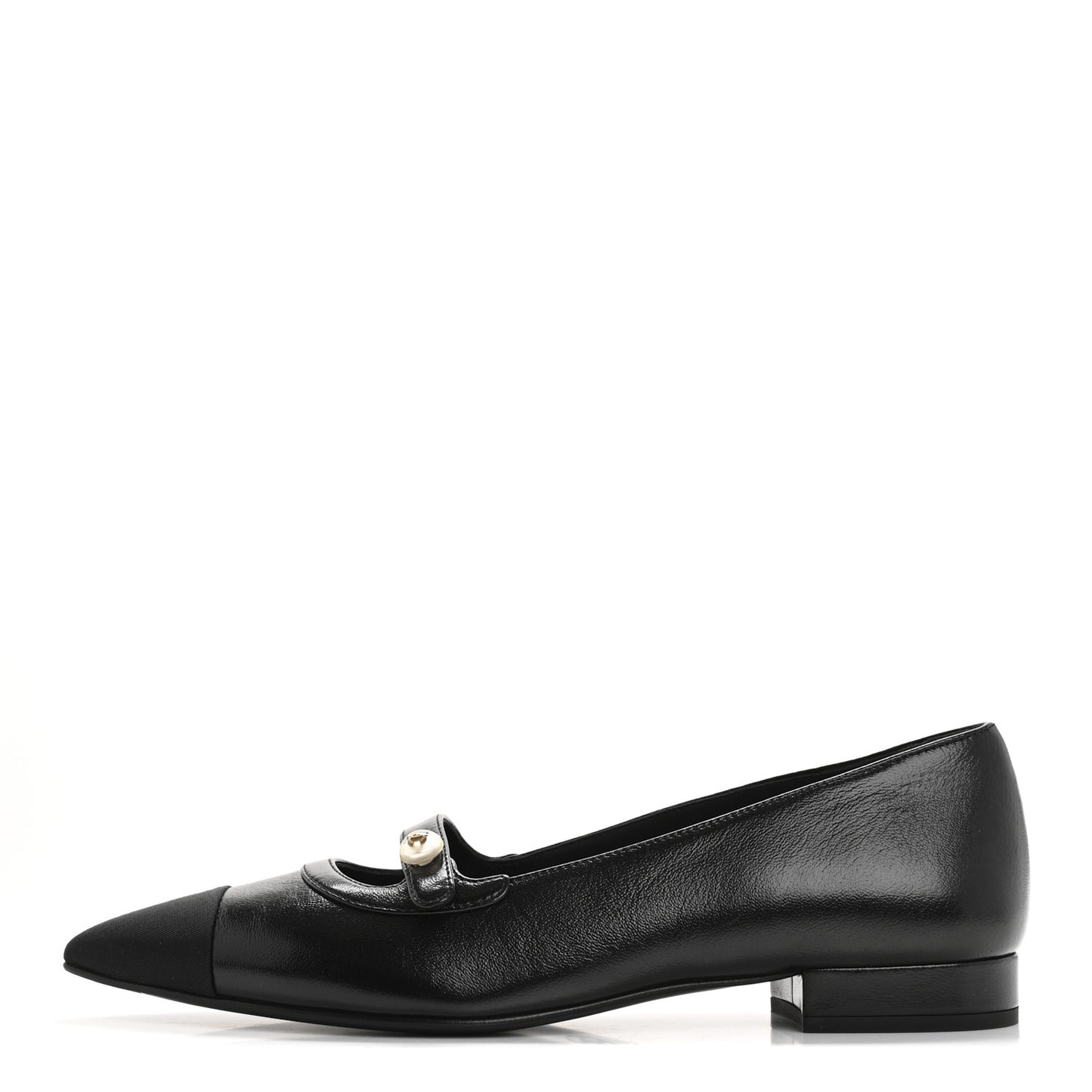 Shiny Lambskin Grosgrain Pearl Mary Jane Flats 37 Black