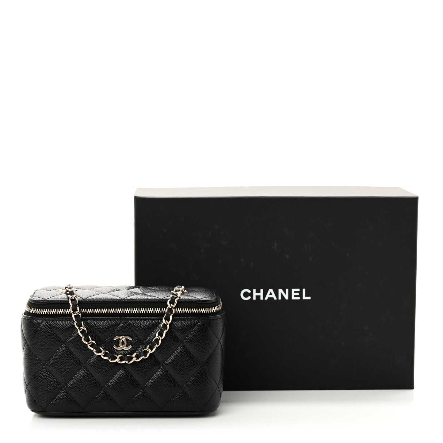 Caviar Quilted Small Vanity Case With Chain Black