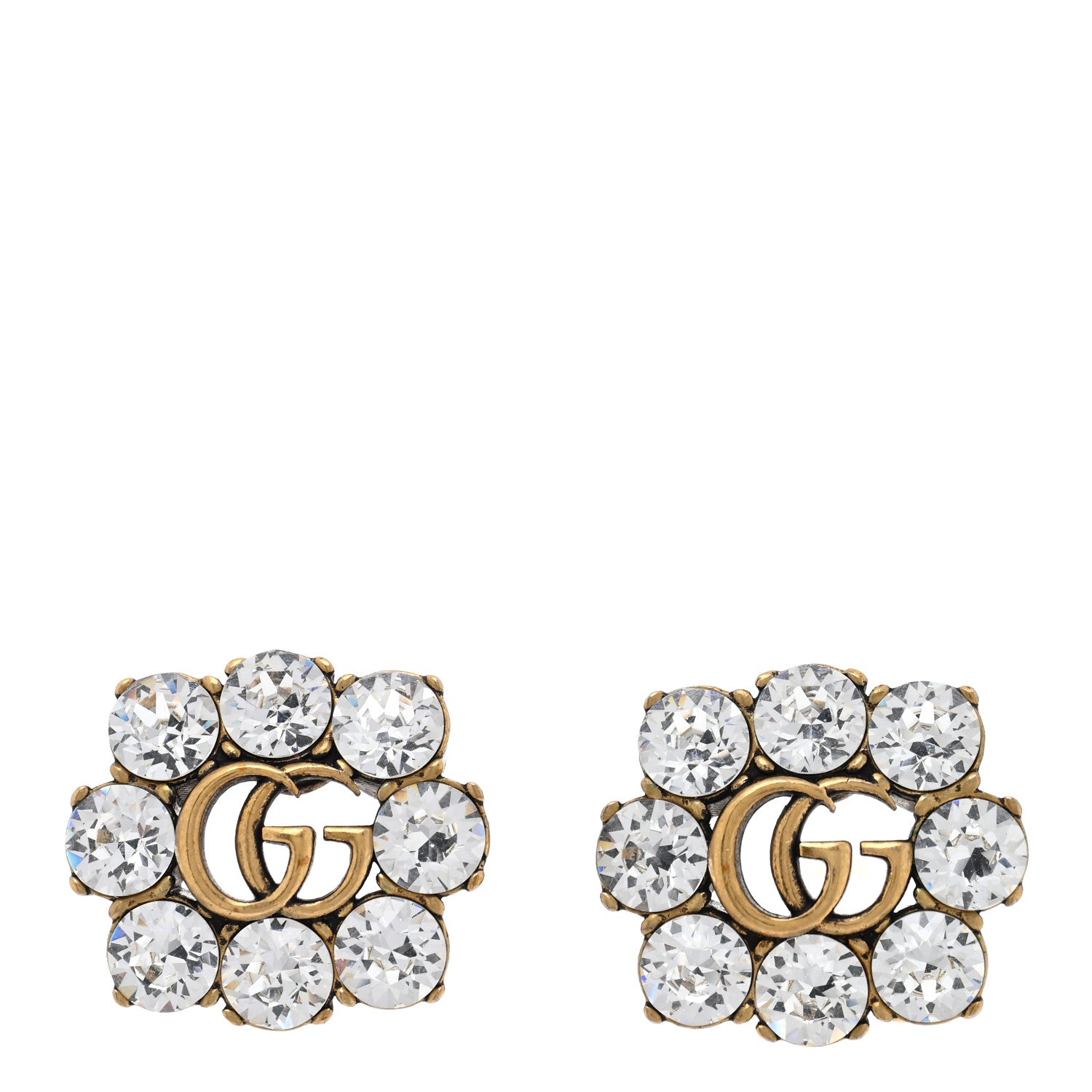 Gucci Metal Crystal Double G Clip On Earrings Aged Gold 1780280