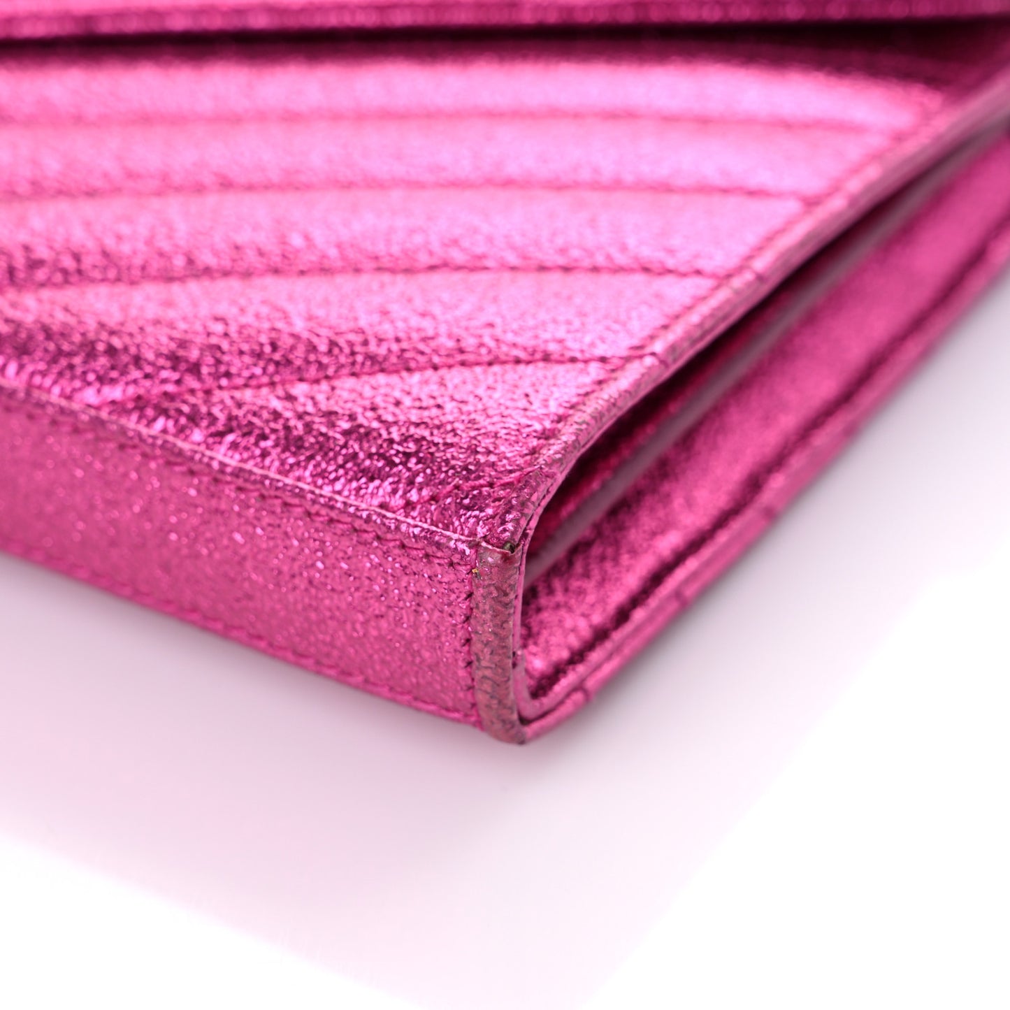 Metallic Crackled Calfskin Matelasse Chevron Monogram Chain Wallet Fuchsia