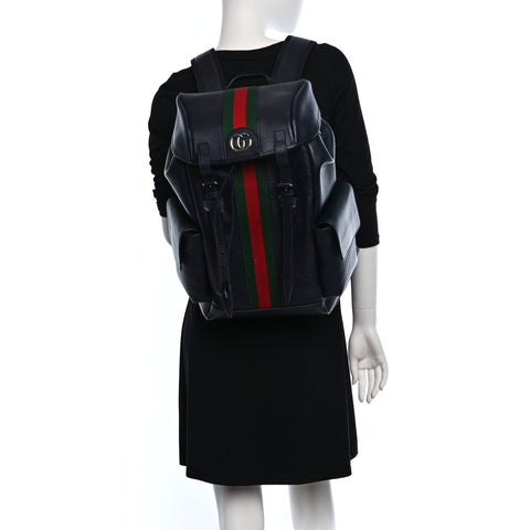 Textured Dollar Calfskin Web Medium Ophidia Double Buckle Backpack Blue Agata