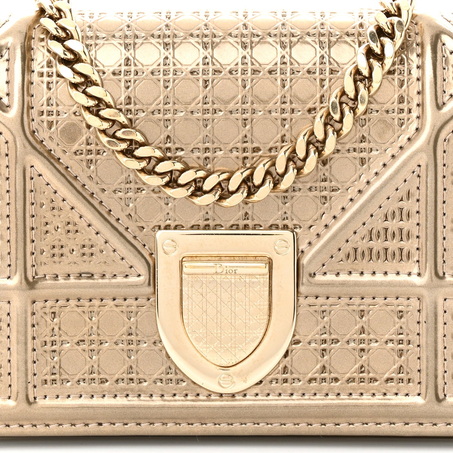 Metallic Patent Micro-Cannage Baby Diorama Flap Bag Gold