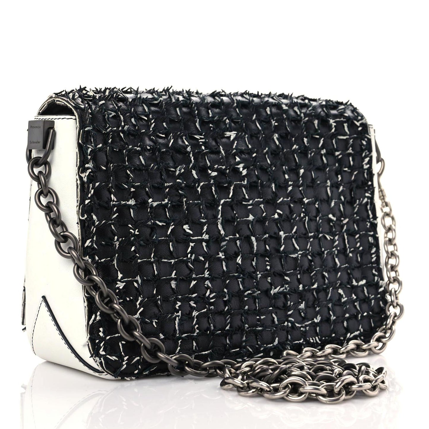 Lambskin Woven Small Courier Shoulder Bag Black White