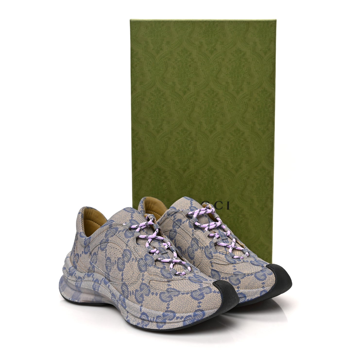 Ultralight Plume Calfskin Monogram Printed Mens Gucci Run Sneakers 38.5 Beige Blue