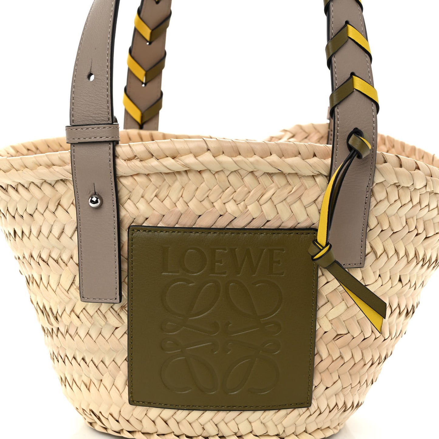Raffia Braided Handle Small Basket Tote Bag Olive Sand