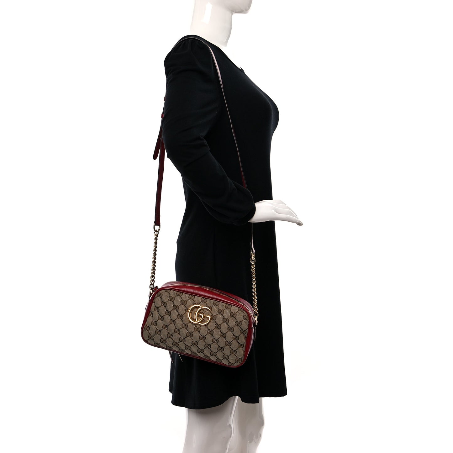 Monogram Azalea Calfskin Matelasse Diagonal Small GG Marmont Chain Shoulder Bag Beige Ebony New Cherry Red