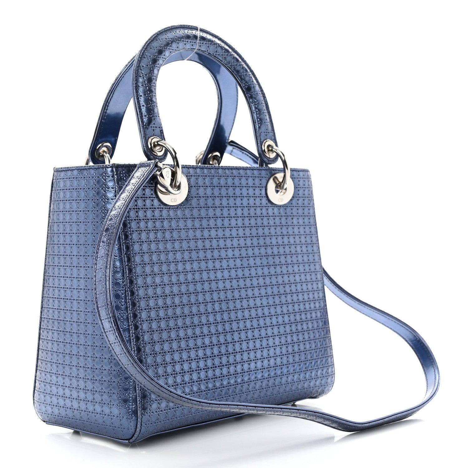 Christian Dior Metallic Patent Micro-Cannage Medium Lady Dior Blue 3 of 12