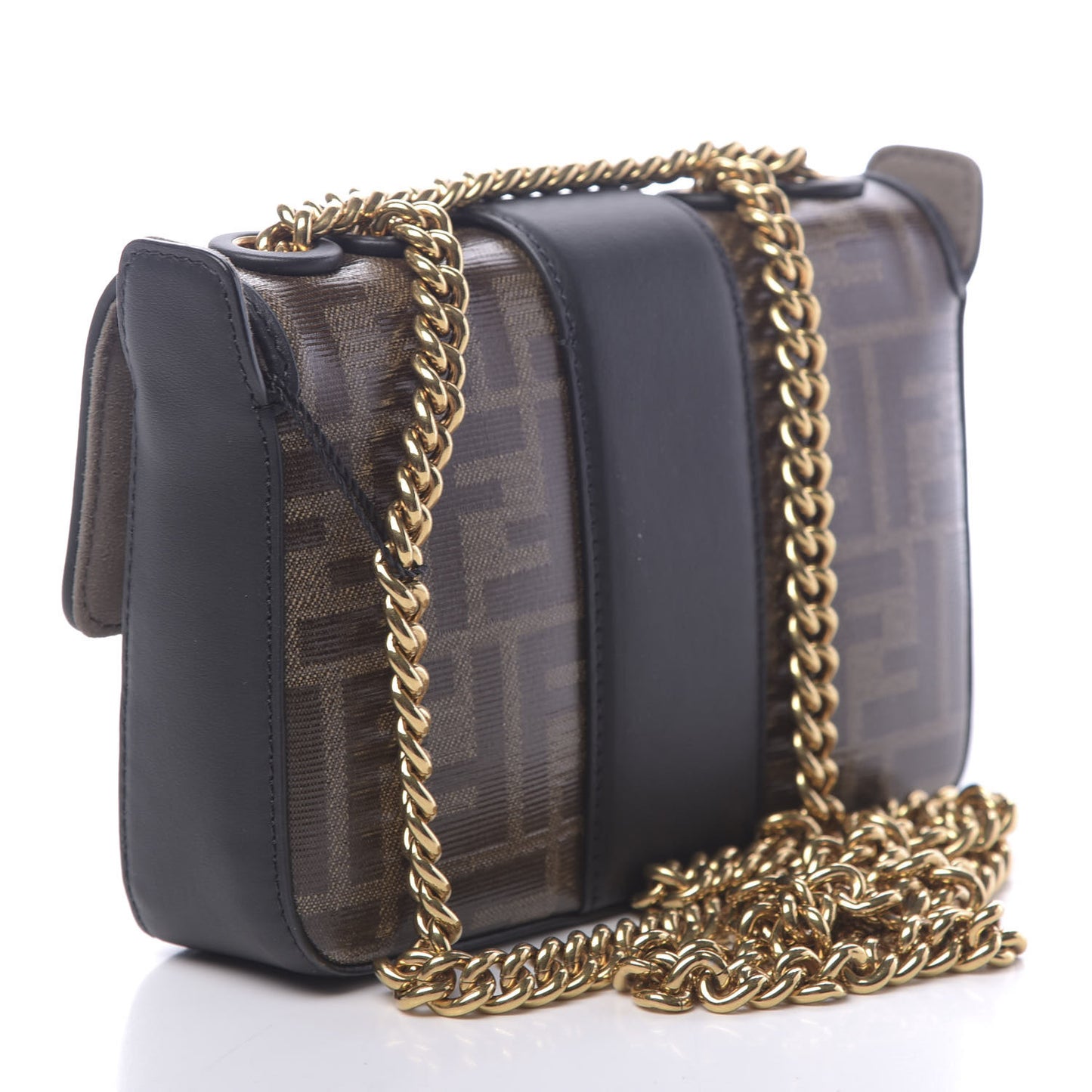 Glazed Fabric Vitello Century FF 1974 Stamp Patch Mini Double F Crossbody Bag Mogano Panna Black