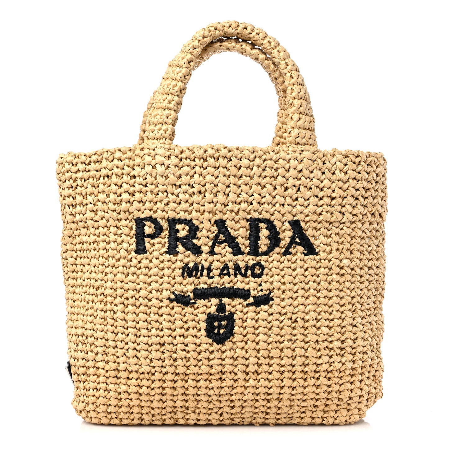 Yarn Raffia Effect Crochet Embroidered Small Logo Tote Naturale