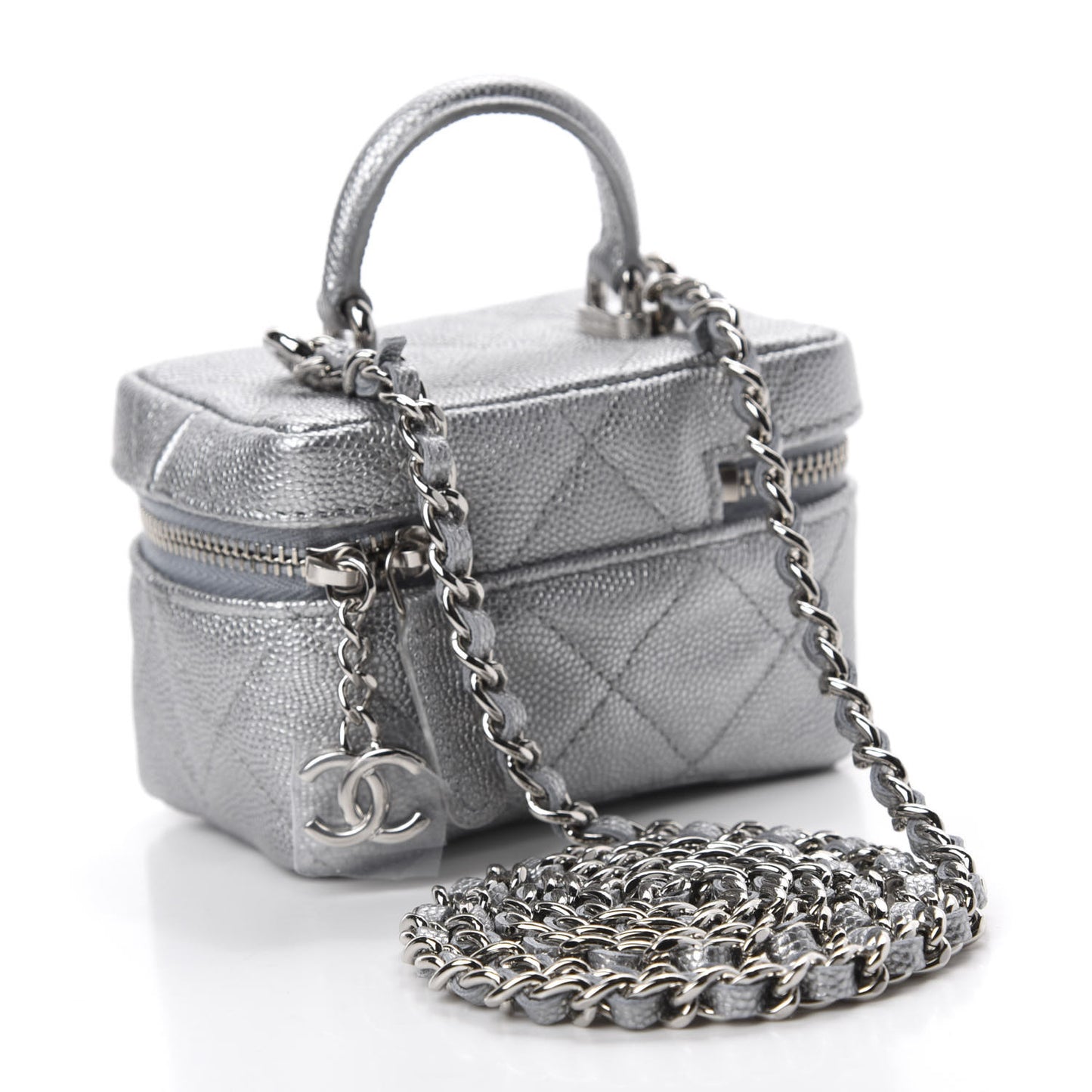 Metallic Caviar Quilted Mini Top Handle Vanity With Chain Silver