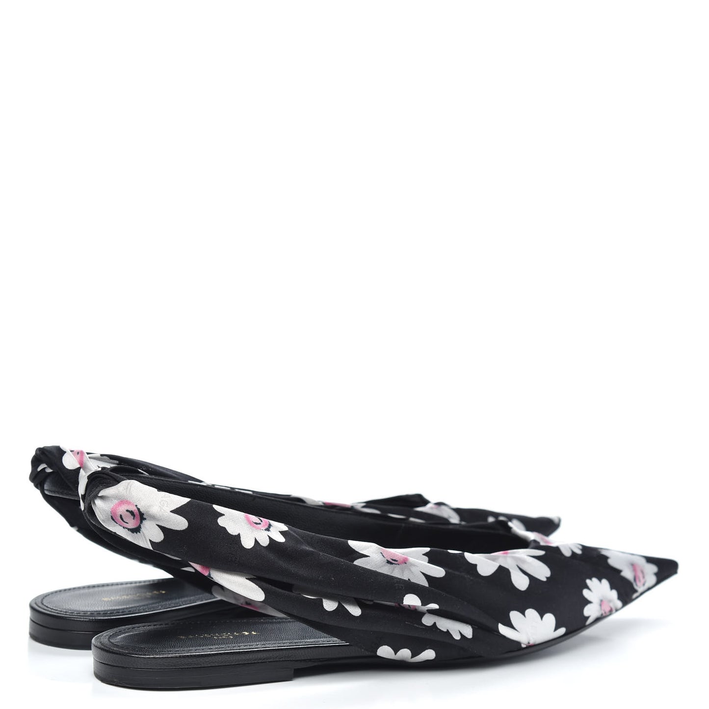 Satin Floral Print Knife Pointy Toe Slingback Flats 39.5 Black
