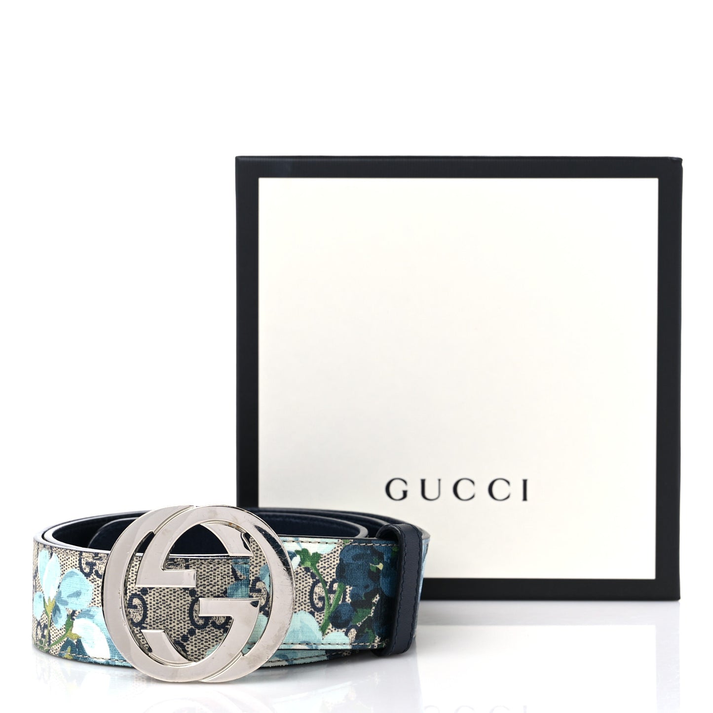 GG Supreme Monogram Blooms Interlocking G Belt Beige Blue Navy