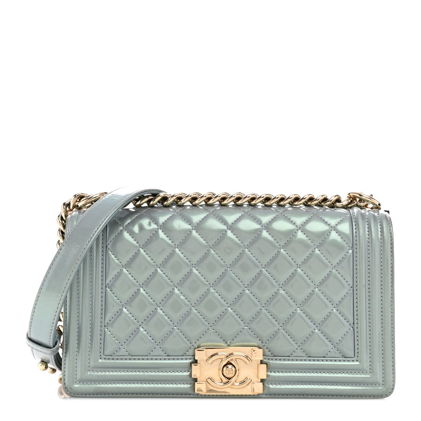 Iridescent Patent Calfskin Quilted Medium Boy Flap Light Blue