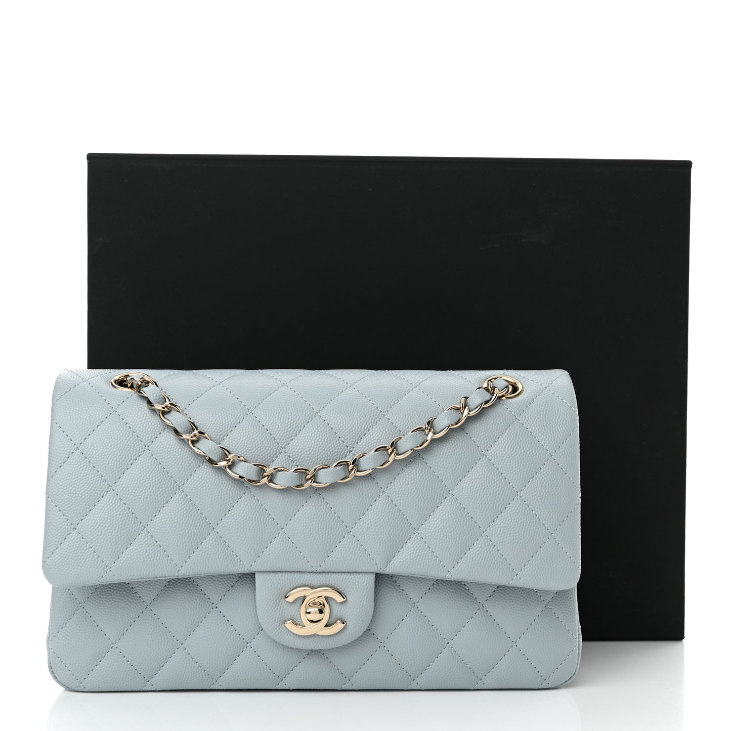 Caviar Quilted Medium Double Flap Light Blue