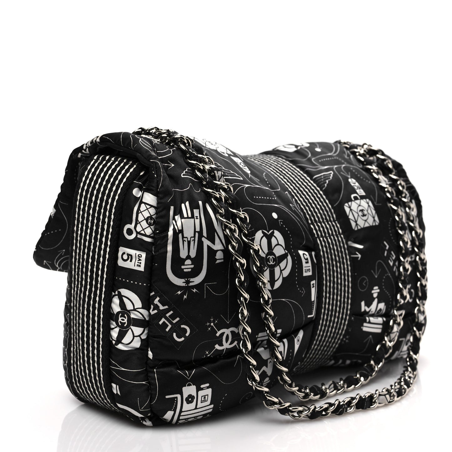 Nylon Medium Airline Buckle Flap Bag Black White