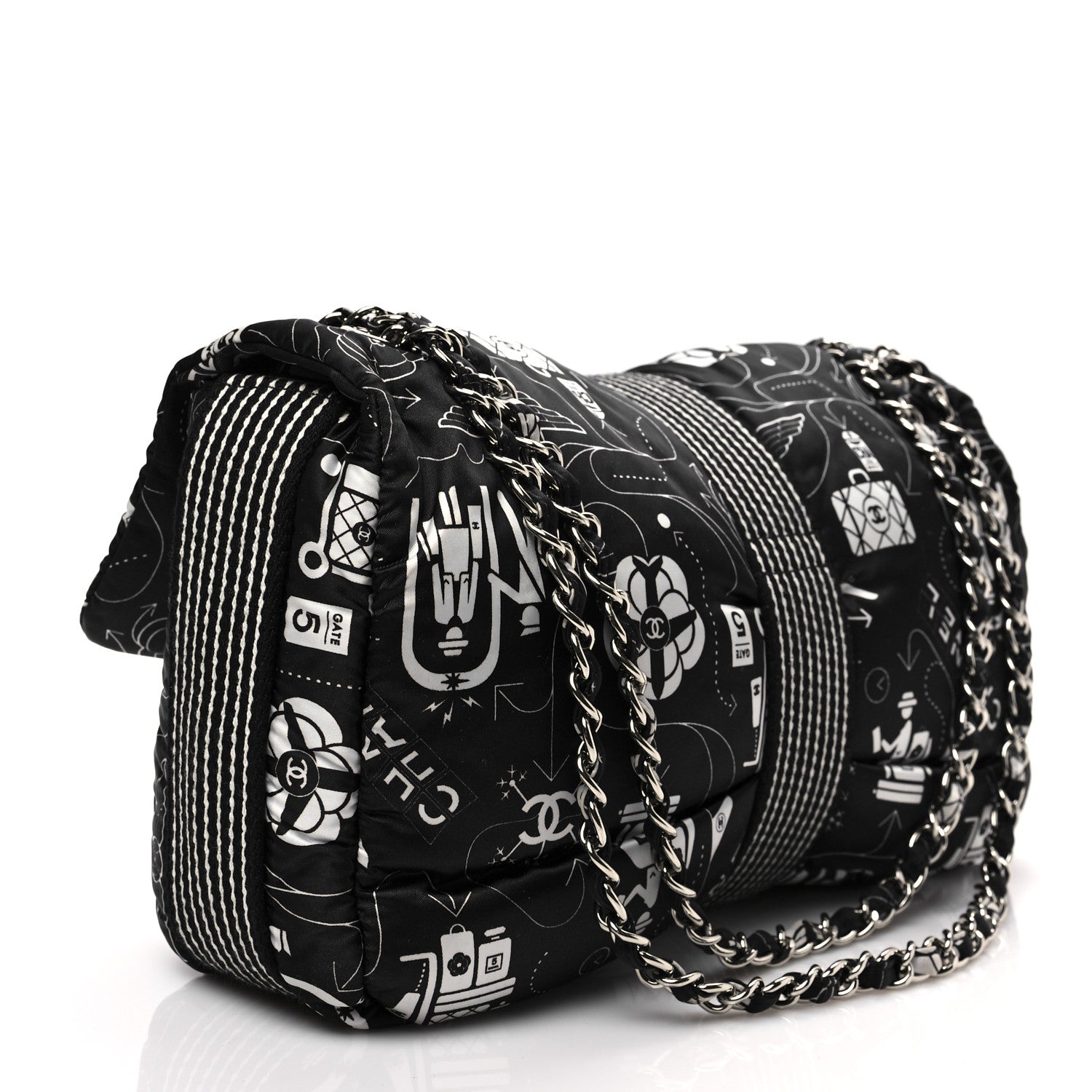 Chanel Nylon Medium Airline Buckle Flap Bag Black White 3 of 8