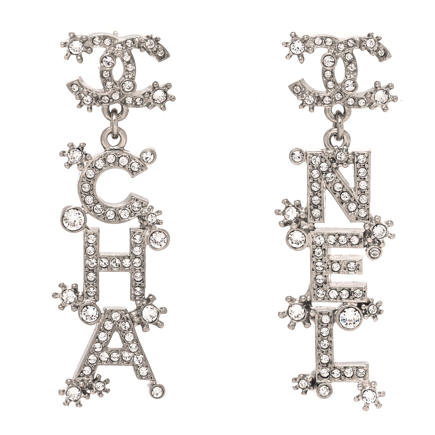 Crystal Cha-Nel Logo Drop Earrings Silver