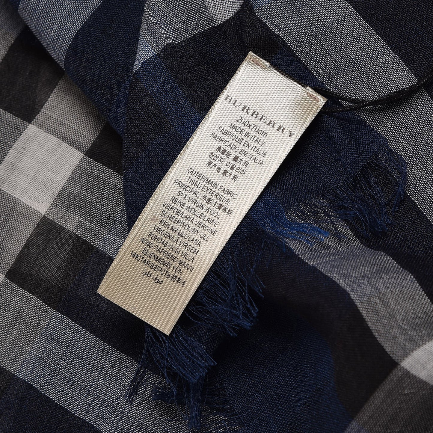 Wool Silk Giant Check Gauze Scarf Dark Canvas Blue