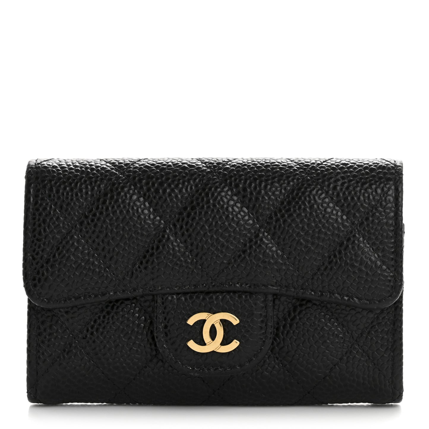 Caviar Quilted Flap Card Holder Wallet Black