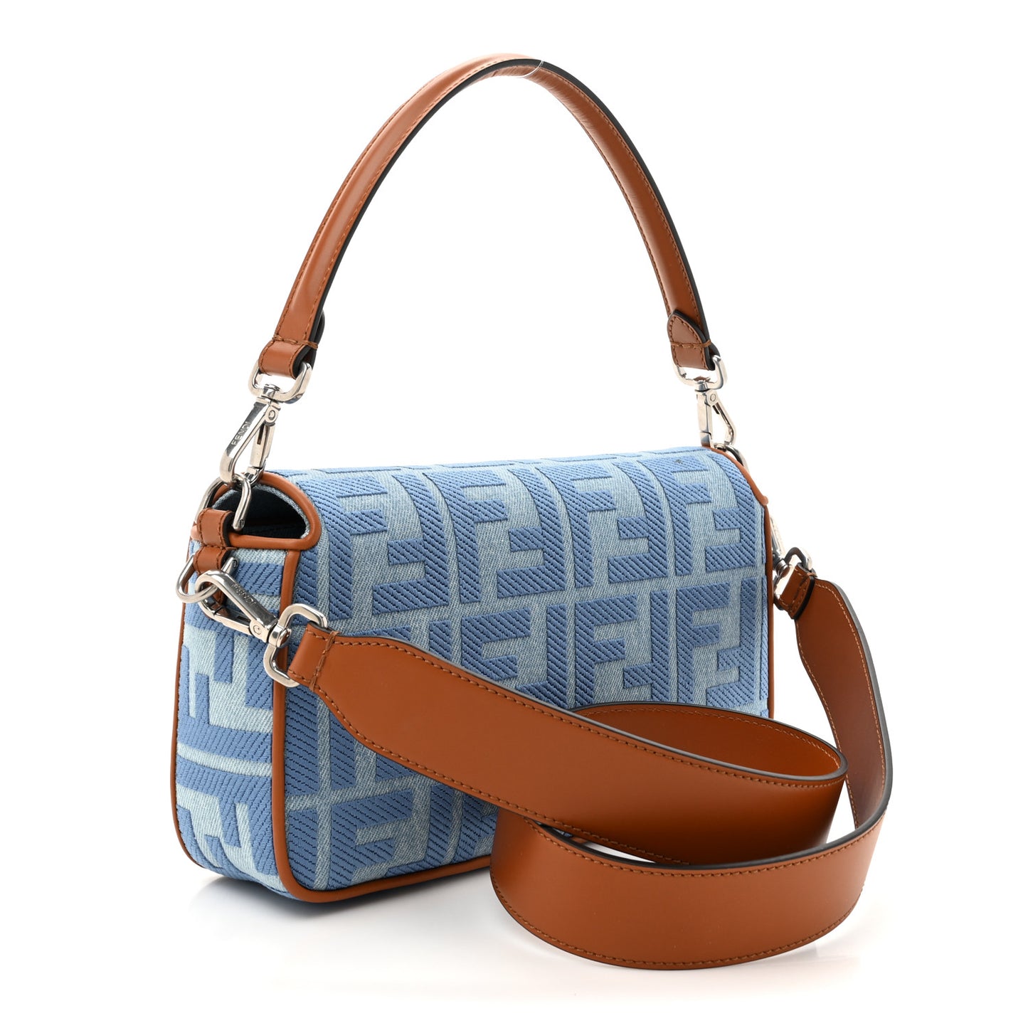 Denim Vitello King FF Embroidered Baguette Denim Chiaro Brandy