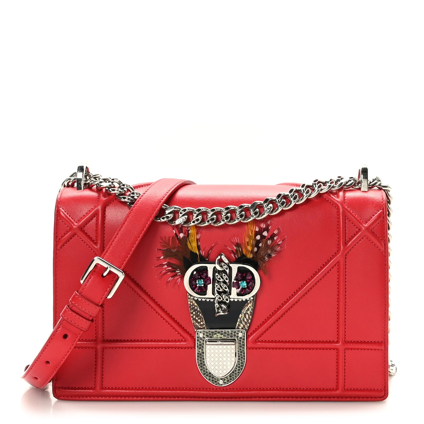 Lambskin Crystal Feather Medium Diorama Flap Bag Red