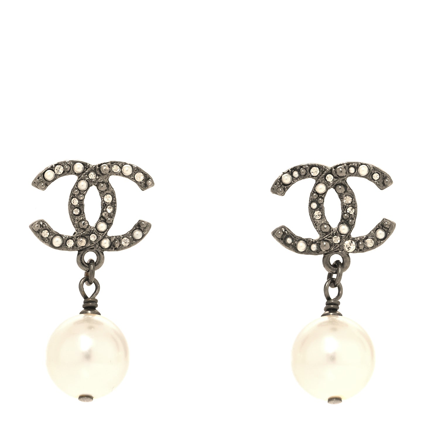 Pearl Crystal CC Drop Earrings Silver Pearly White