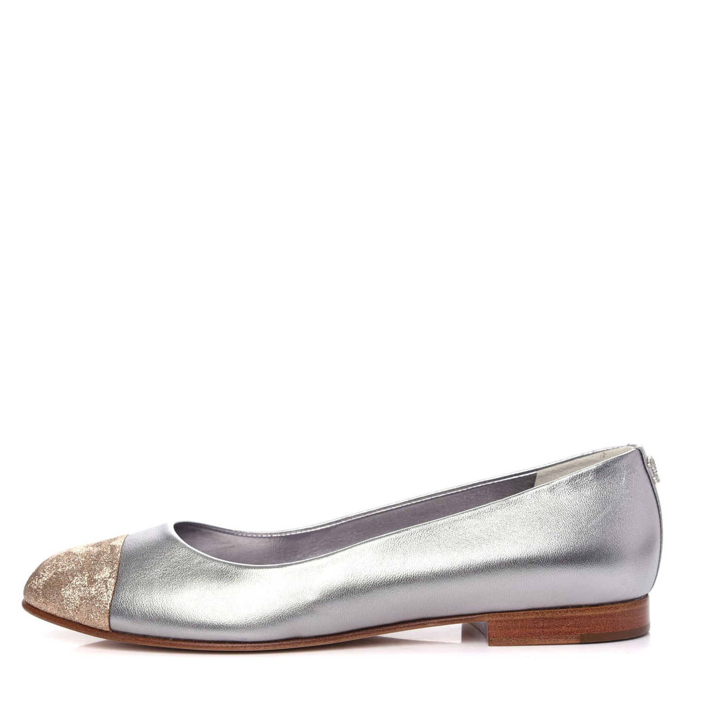 Metallic Lambskin Crystal Cap Toe CC Ballerina Flats 39 Silver Gold