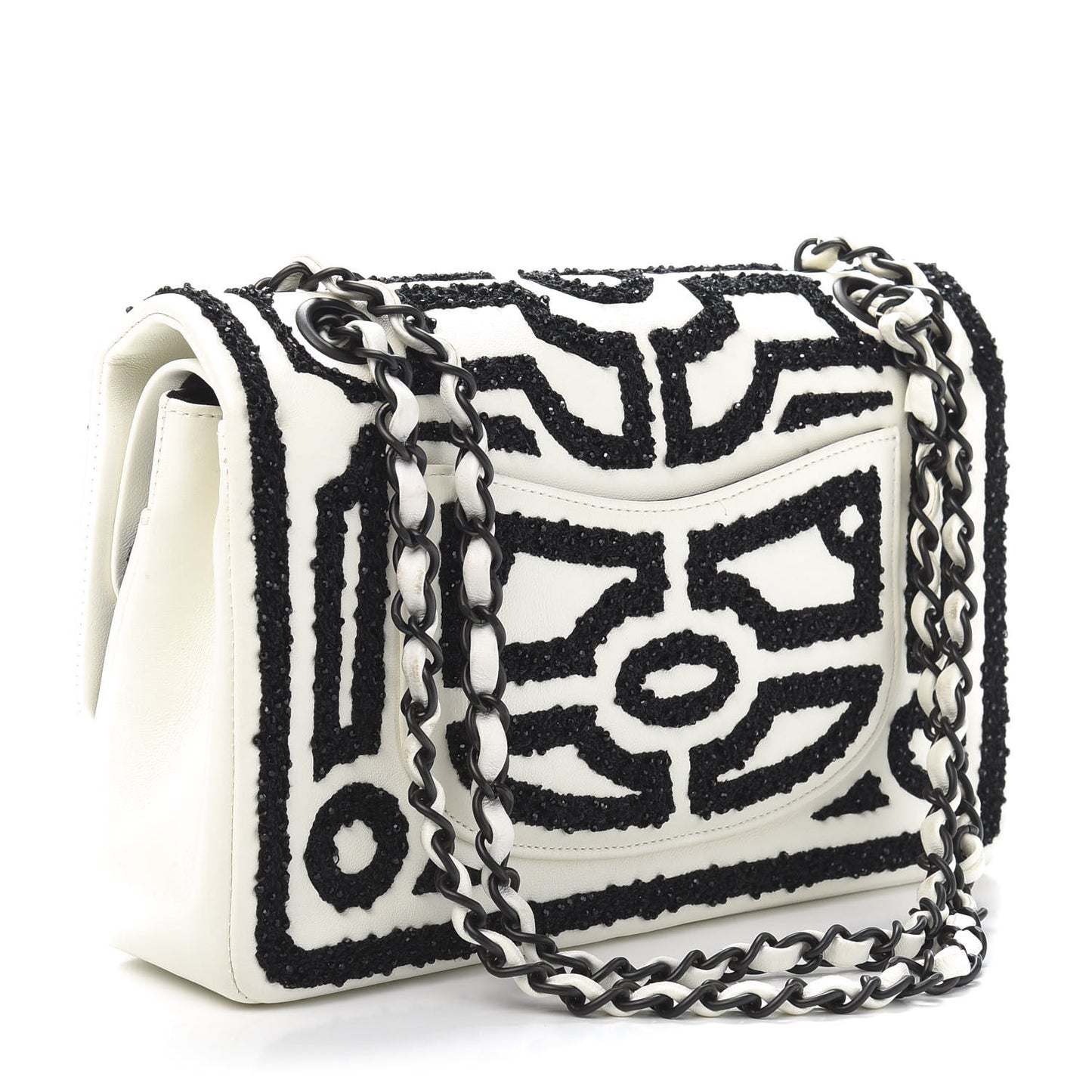 Lambskin Crystal Embroidered Medium Garden Of Versailles Double Flap Black White
