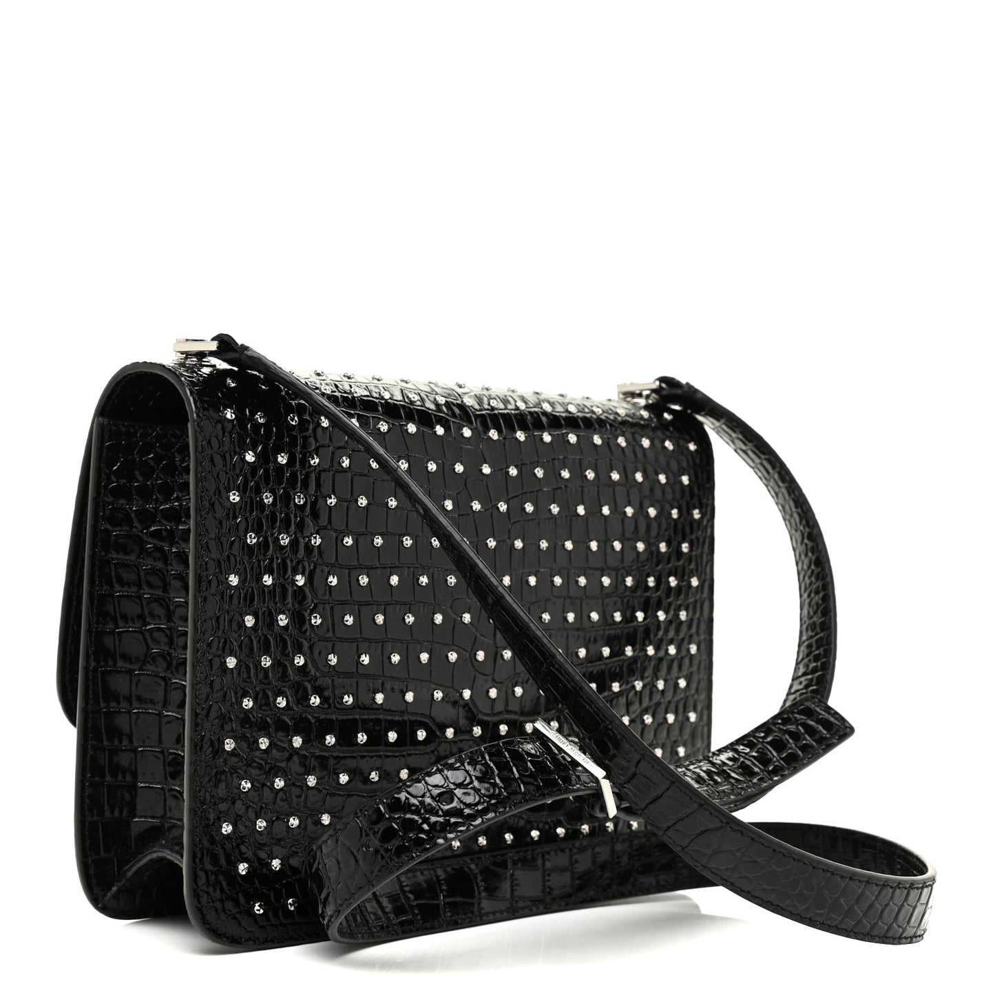 Crocodile Embossed Calfskin Crystal Embellished Carre Satchel Black