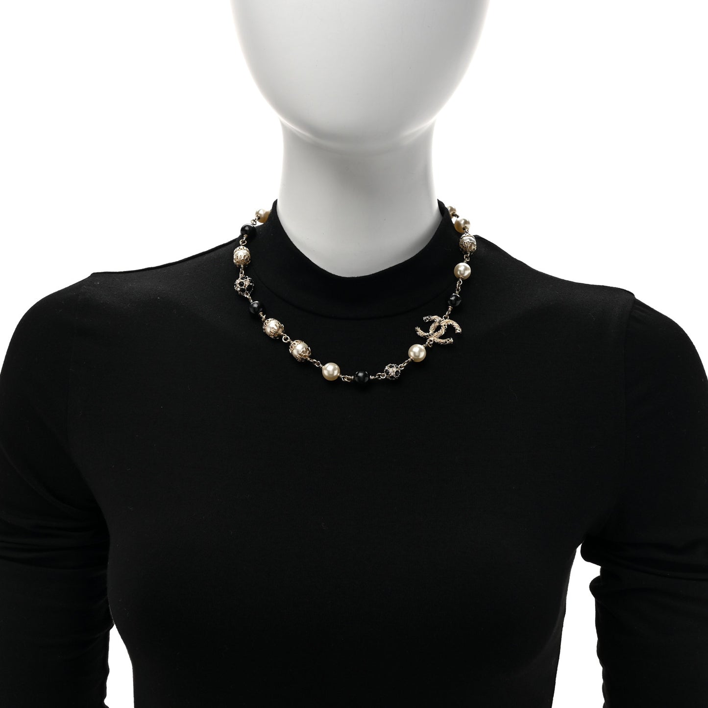 Pearl Crystal Bead CC Choker Necklace Black Gold