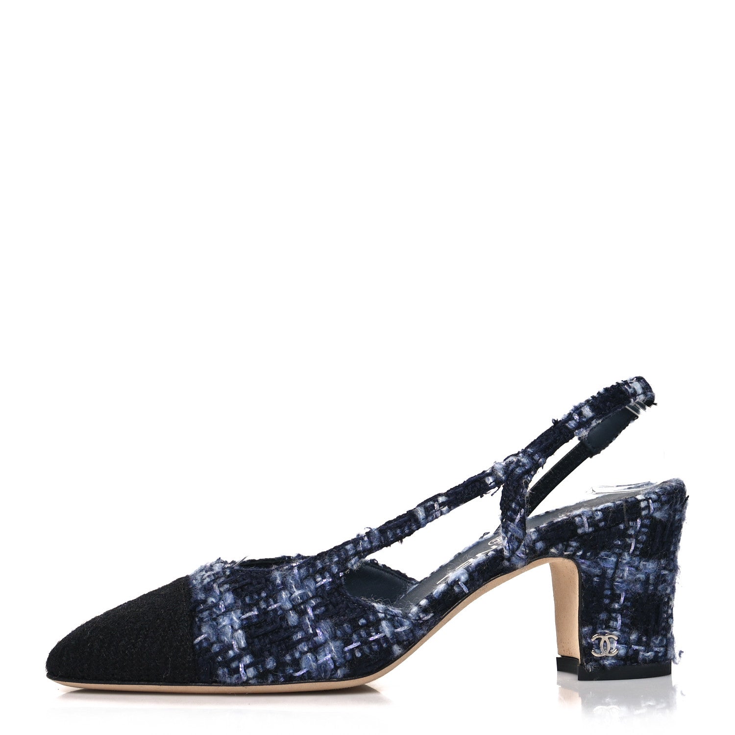Chanel Tweed Cap Toe CC Slingback Pumps Navy Blue Black