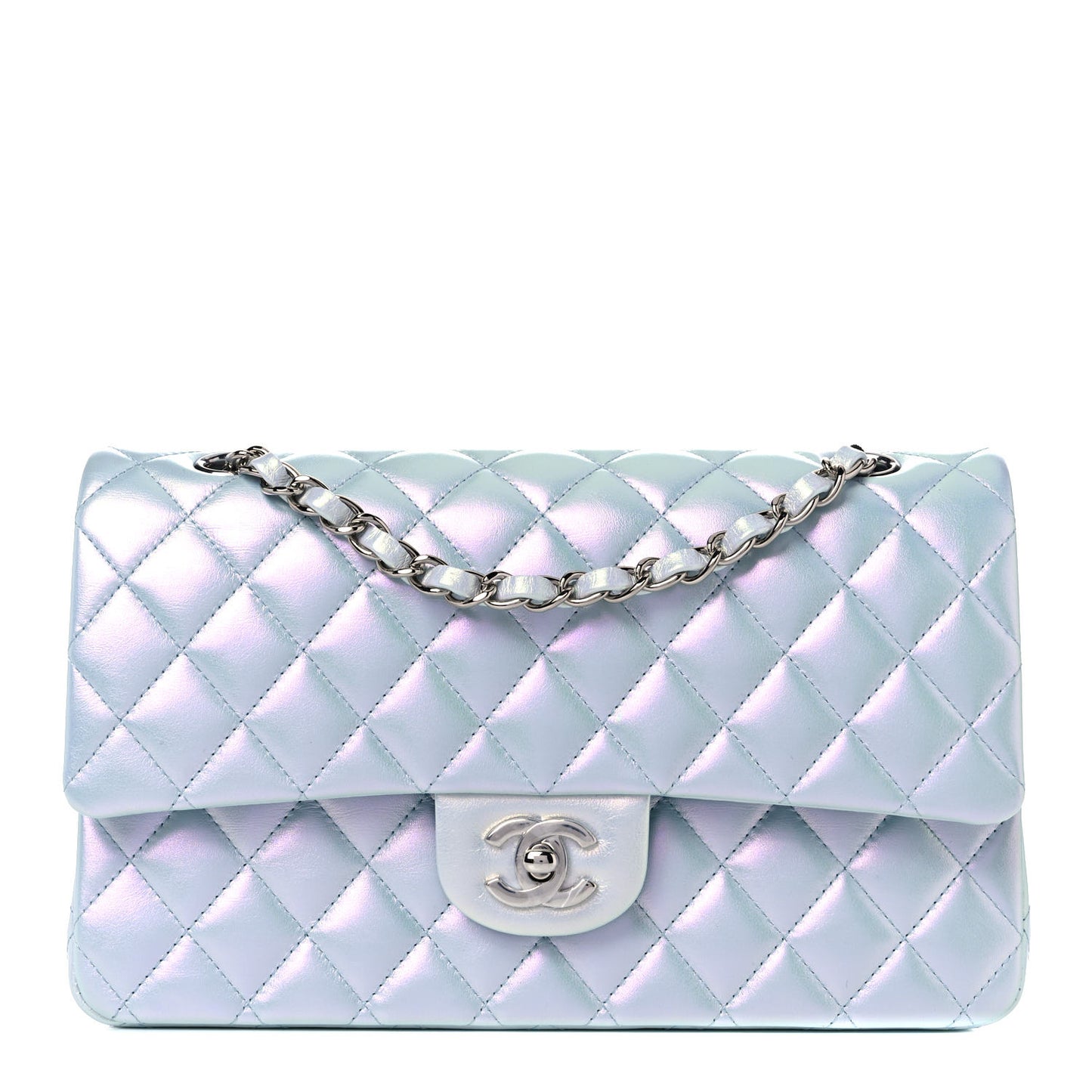 Iridescent Calfskin Quilted Medium Double Flap Light Blue