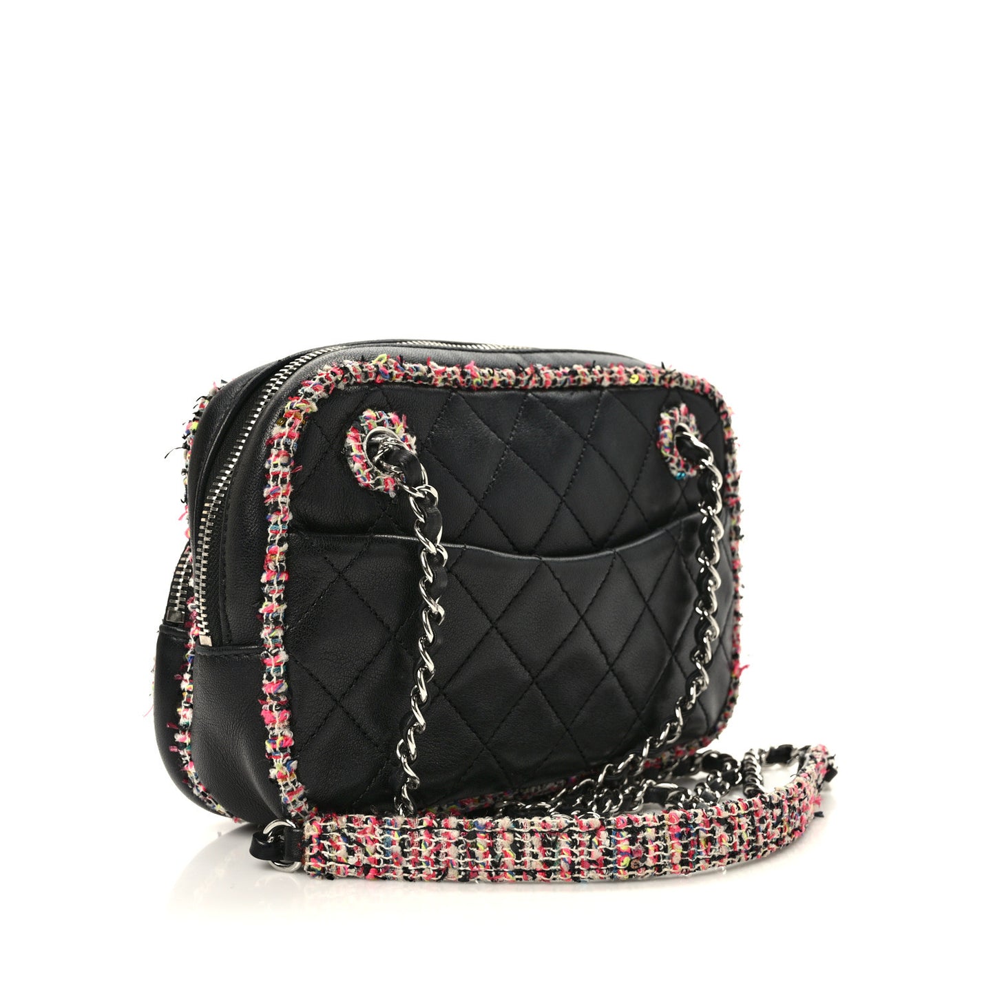 Lambskin Quilted Tweed Elegant Trim Front Zip Camera Case Black