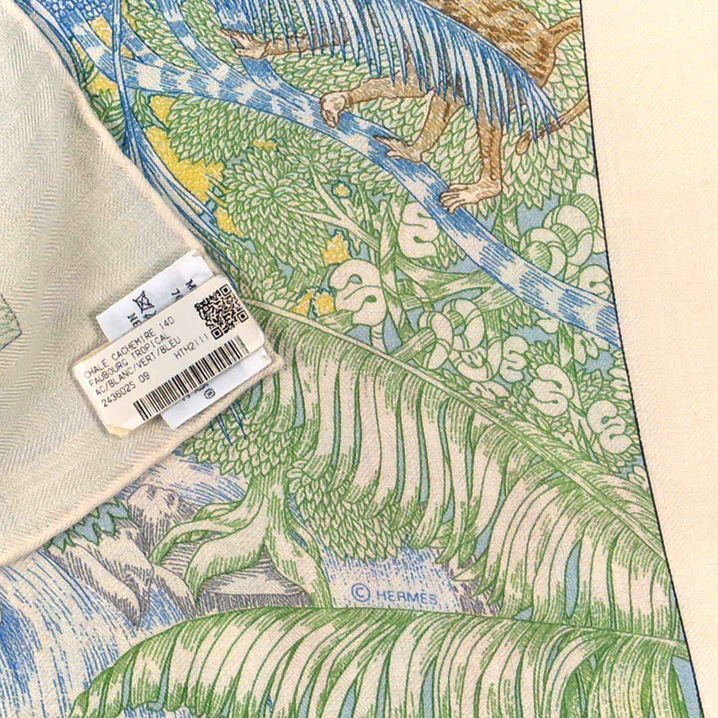 Cashmere Silk Faubourg Tropical Shawl 140 White Vert Bleu