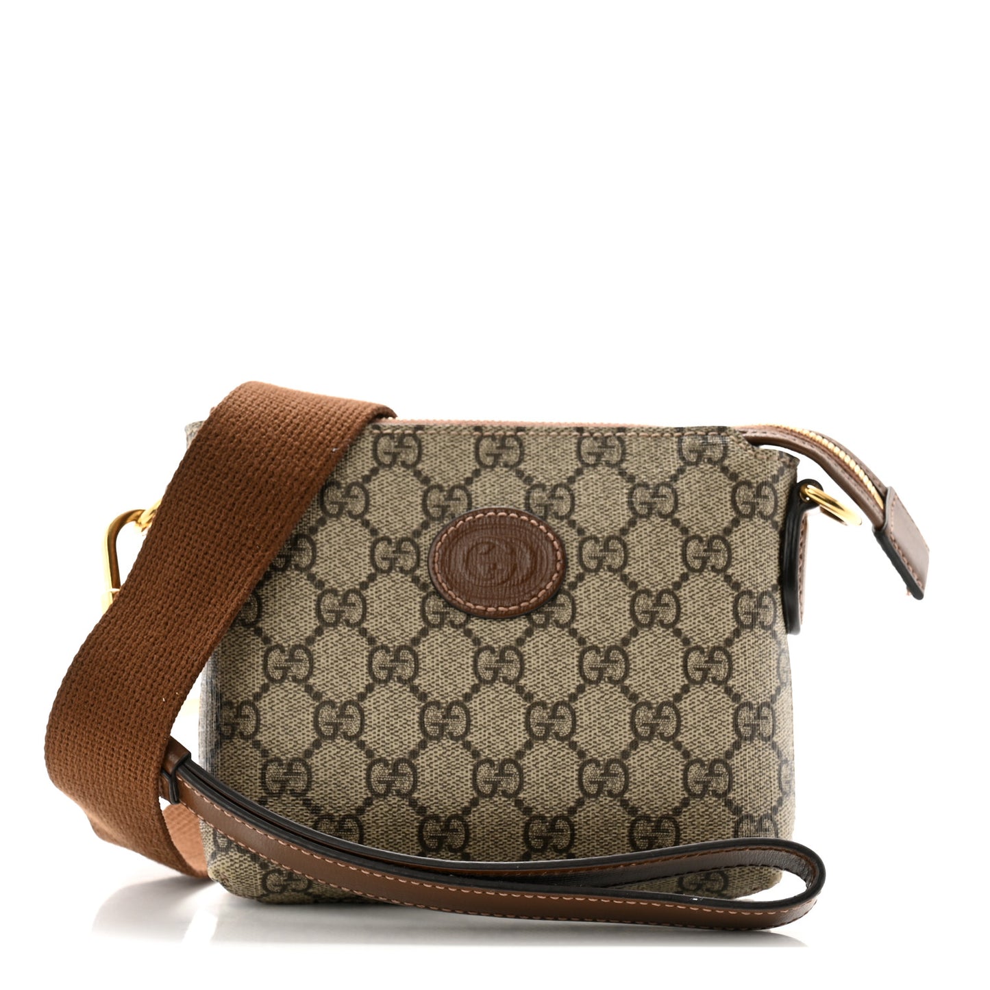 GG Supreme Monogram Azalea Calfskin Small Retro Interlocking G Wristlet Messenger Bag Beige Ebony Brown Sugar