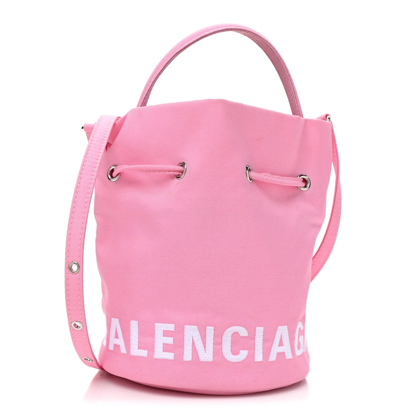 Recycled Sport Nylon Logo Embroidered Wheel Drawstring Bucket Bag XS Pink White