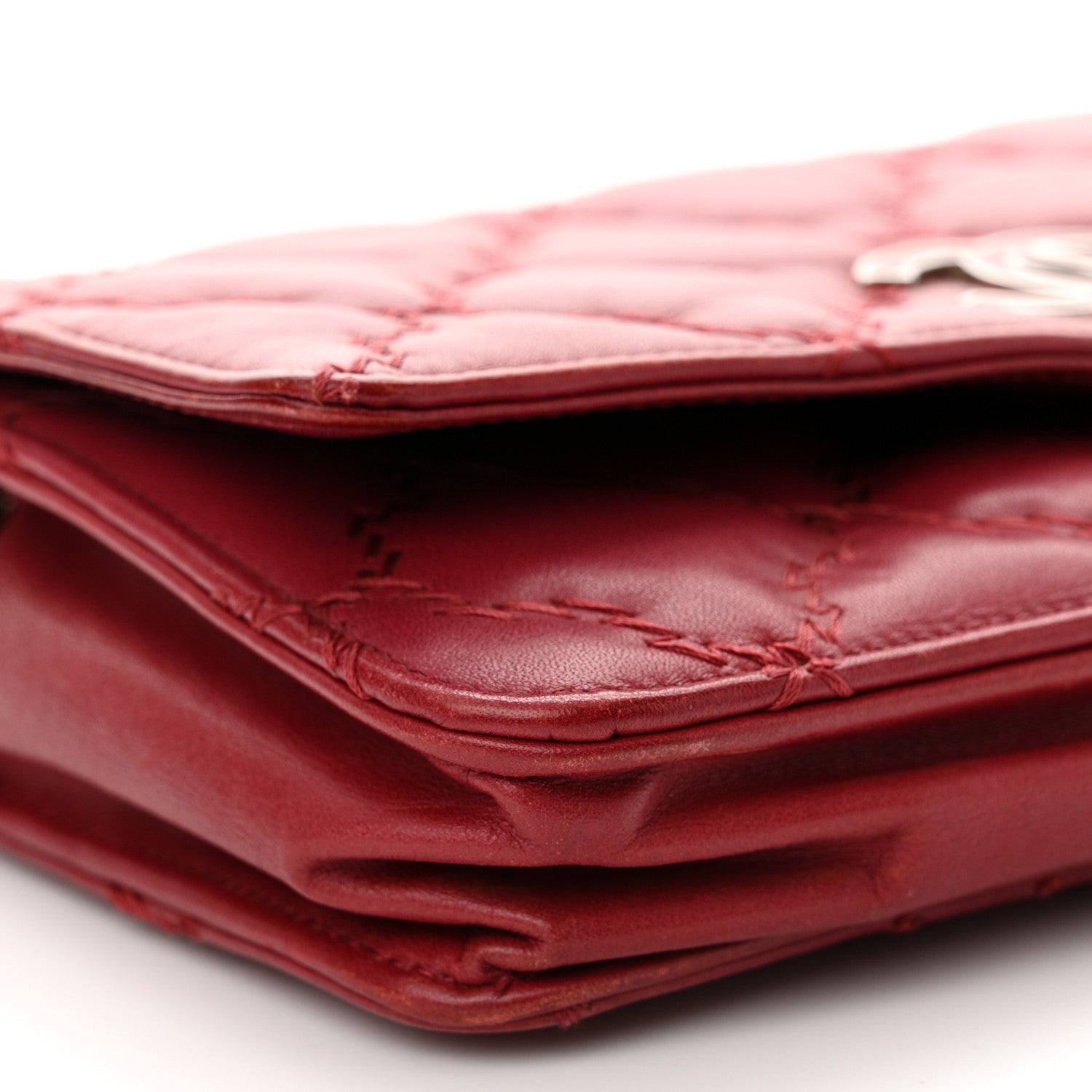 Chanel Calfskin Double Stitch Hamptons Wallet On Chain WOC Red 10 of 14